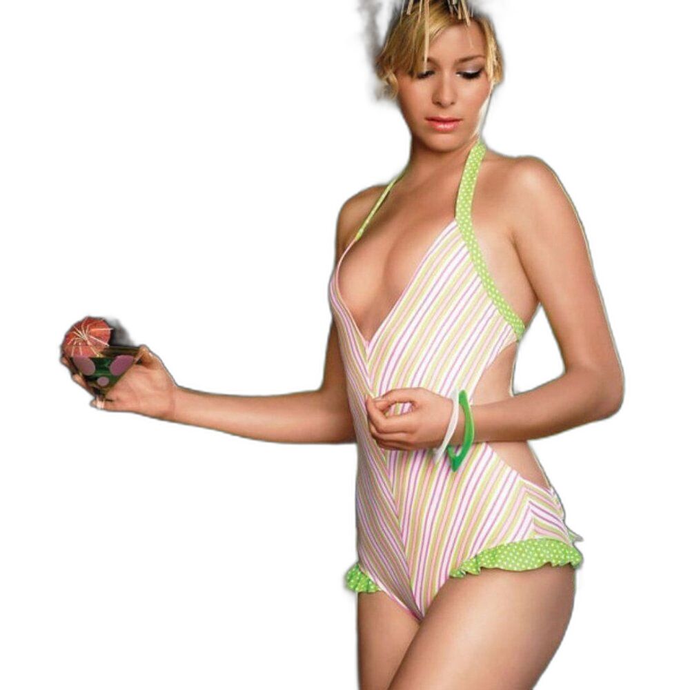 Skinny Dip Leg Avenue Striped Halter One Piece Bikini Size Large NWT